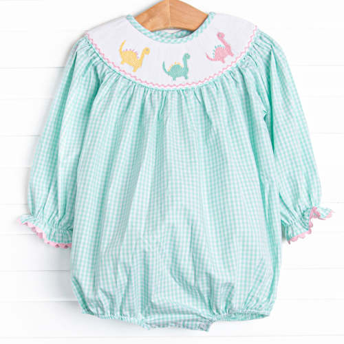 Day at the Museum Smocked Girl Bubble, Green
      
      
      
        –
        Stitchy Fish