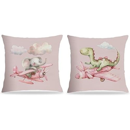 Cute Elephant Dinosaur Nursery Pillow Covers 18x18, Pink Nursery Decor Decor, Cute Baby Animal Airplane Decorative Throw Pillow Covers for Kids Girls Bedroom Nursery Playroom, Set of 2
