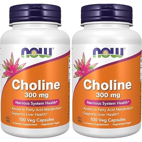 Now Supplements Choline 300 mg, 100 Veg Capsules - Supports Nervous System and Liver Health*, Vegan, (Pack of 2)