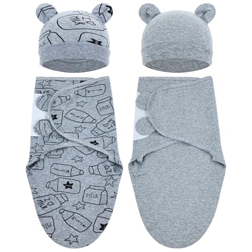 Cinaci 2 Pack Adjustable Soft Cotton Blend Newborn Baby Receiving Swaddle Blankets Sleep Sacks with Nursery Hats Caps Beanies Bonnets for Baby Girls Boys Newborns Infants
