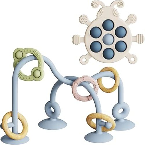 Baby Montessori Toy, High Chair Suction Cup Toy and Teething Toy Set - Table Toy & Pop-it Fidget Teether for 6+ Months 1 2 3 Years, BPA Free Silicone Sensory Toys for Baby and Toddler (SkyBlue)