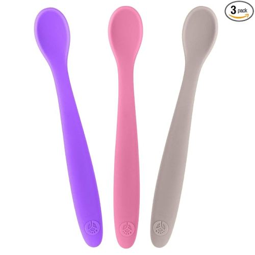 WeeSprout Silicone Baby Spoons - First Stage Infant Feeding Utensils With Soft-Tip, Bendable Kitchenware for Parent & Self-Feeding, Ultra-Durable, Dishwasher Safe, Travel Case, Set of 3