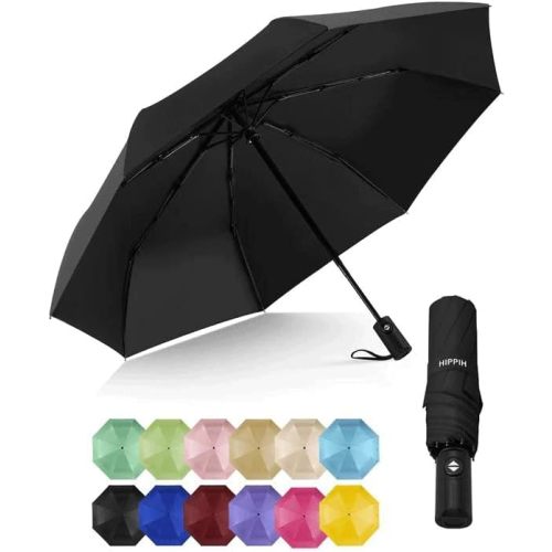 HIPPIH Compact Travel Umbrella for Rain - Windproof Automatic Umbrellas, UV Umbrella for Sun Protection with Black Anti-UV Coating, Portable Small Umbrellas for Backpack, Car, Walking, Kids, Women