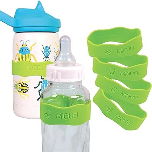 InchBug Orbit Labels Baby Bottle and Water Bottle Silicone Name Bands – Personalized Reusable Label Set for Daycare, Sippy Cups, Preschool, Elementary School, Dishwasher Safe, 4-Pack (Kiwi Green)