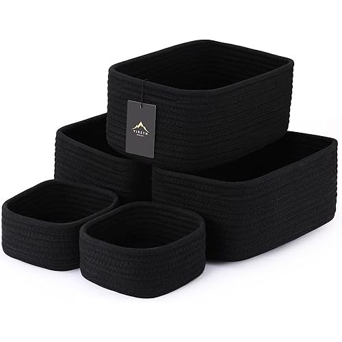 Paquete de 5 cestas pequeñas de almacenamiento de cuerda tejida – 2 tamaños organizadores para armario, estante, estantería, guardería, cambiador, cajas de cubo de tela, contenedores