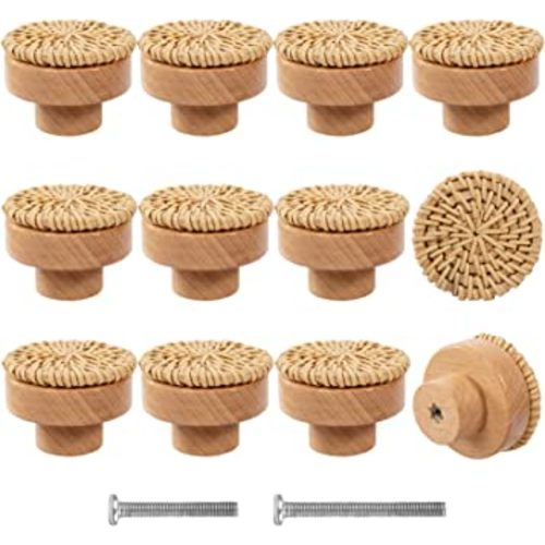 ANPHSIN 12 Pack Boho Rattan Dresser Knobs- Durable Beech Wood Drawer Knobs Handmade Wicker Woven Pulls with 24 Screws for Cabinets, Furniture