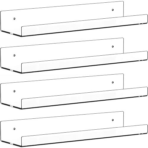 4 Pack Clear Acrylic Shelves for Wall with Adhesive,15 Inch No Drill Floating Shelves for Bathroom,Bedroom,Renter Friendly,Kids Room Bookshelf,Wall Display Shelf for Lego,Funko Pop,Figurine,Perfume