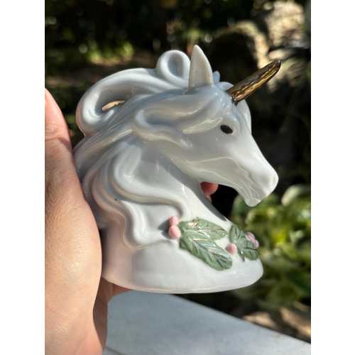 1990s Unicorn Head with Gold Horn and Holly Leaves, Vintage Ceramic Unicorn