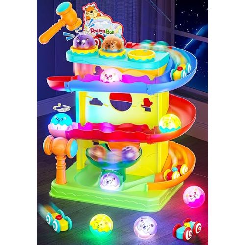 Funwee 2-in-1 Rolling Ball & Racing Car Ramp Toy for Toddlers, Race Track Hammer Lights Ball Drop, Interactive Montessori Learning Game Birthday Gift Idea for Kids 1 2 3 4 5+Year Old Girl Boy(Yellow)