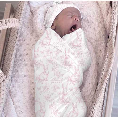 Soft Pink Toile Bunny Personalized Swaddle/Cottagecore Baby Girl Keepsake Blanket/New Baby Gift/Soft Minky Rabbit Blanket