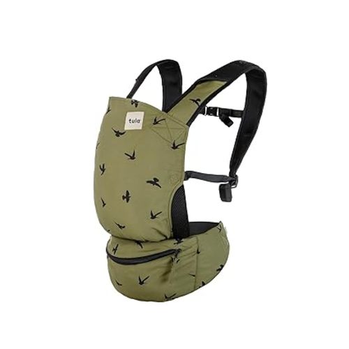 Baby Tula Lite Ripstop Nylon Compact Baby Carrier, Lightweight & Ergonomic Carrier for Travel w/Convenient Storage Hip Pouch, Multiple Carrying Positions for 12lbs to 30lbs - Soar (Olive Green/Birds)