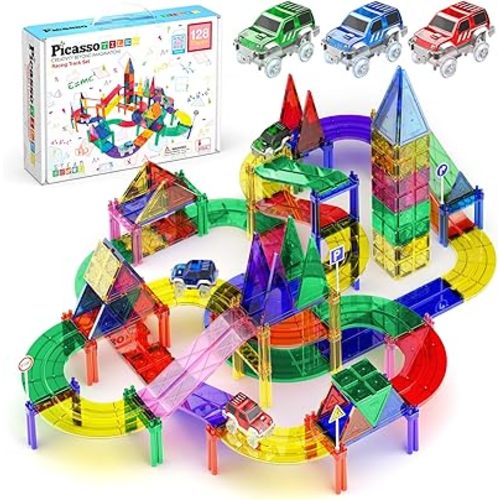PicassoTiles 128pcs Magnetic Race Car Track Building Block Educational Toy Set Tiles Magnet Playset 3 LED Car STEM Learning Construction Kit Fine Motor Skill Training Brain Development for Kids Age3+