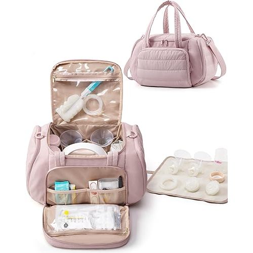 Quilted Breast Pump Bag Compatible with Spectra S1 and S2, Pumping Bag with Cooler Compartment and a Drying Mat, Pink