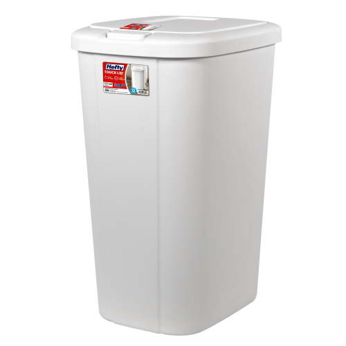 Hefty 13.3 Gallon Touch Top Garbage Bin, Durable Plastic Kitchen Trash Can, White