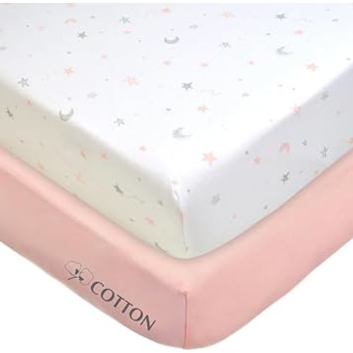 American Baby Company 2 Pack 100% Natural Cotton Fitted Crib Sheets 52" x 28" - Soft, Breathable, Hypoallergenic & Gentle Toddler Bed Sheets, Pink Stars and Blush, Neutral for Boys & Girls