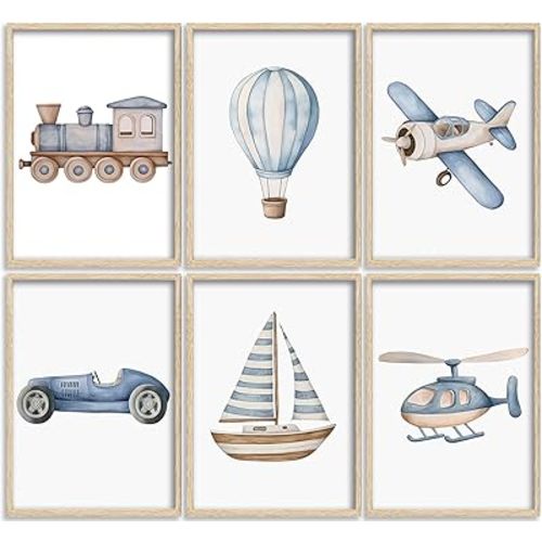 Vintage Baby Boy Nursery Wall Art Blue Transportation Car Airplane Painting Picture Wall Decor Toddler Vehicle Train Boat and Hot Air Balloon Poster Print Artwork for Kids Boys Room Bedroom Decorate