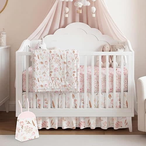 Hahafelt 4 Pieces Crib Bedding Set for Girls and Boys, Soft Baby Bedding Set Including Crib Skirt, Comforter, Sheet and Diaper Stacker for Nursery (Floral Theme)