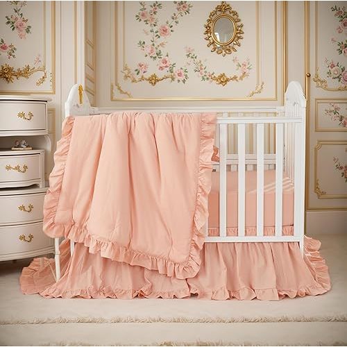 Brandream Gender Neutral Boho Bohemian Baby Girl Nursery Crib Bedding Set 3 Pieces Solid Blush Farmhouse Chic Ruffle Unisex Cozy 100% Washed Cotton