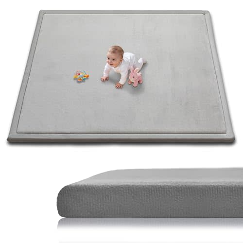 Baby Play Mat for Floor, 1.3 Inch Thick Memory Foam Tummy Time Mats with Non Slip Backing, Soft Coral Velvet 50×50 Inch Playpen Mat Crawling Tatami for Infants Toddlers Kids, Light Grey