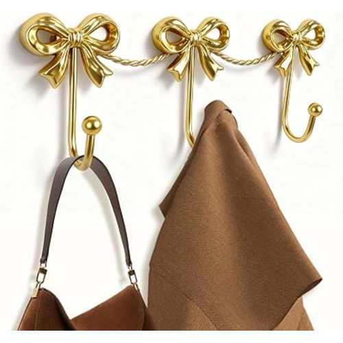 Gold Bow Decor for Girls Room Decor - 3-Link Mental Gold Bow Hooks for Wall, Golds Bows Hangers for Coats, Bags, Bath Towels, Bathroom, Loveshackfancy Decor, Girl Nursery ,Coquette Room, 14.1*4.5’’