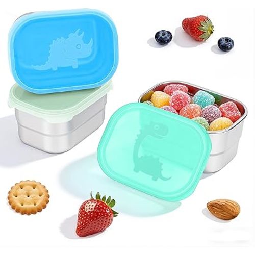 Tanjiae 3×8oz Small Stainless Steel Snack Containers for Kids and Toddlers - 230mL Leakproof Food Containers with Cute Dino Lids | LFGB Certified, Stackable Metal Snack Box for School, Daycare, Travel