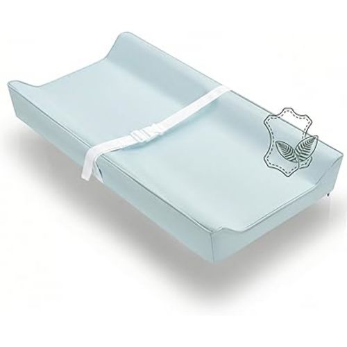 Vegan Leather Contoured Baby Changing Pad | Waterproof & Wipe-Clean PU Leather Diaper Change Mat, Soft, Wipeable Cover, Safety Strap, Non-Slip Bottom, Topper for Standard Infant Diaper Table & Dresser