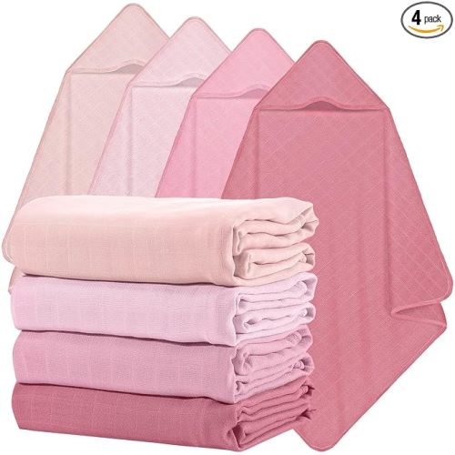 Preboun 4 Pcs Muslin Hooded Baby Towels,32"x 32" Cotton Newborn Bath Towel Muslin Infant Baby Blankets Absorbent Unisex Newborn Registry Gift for Girls Boys(Brown Series)