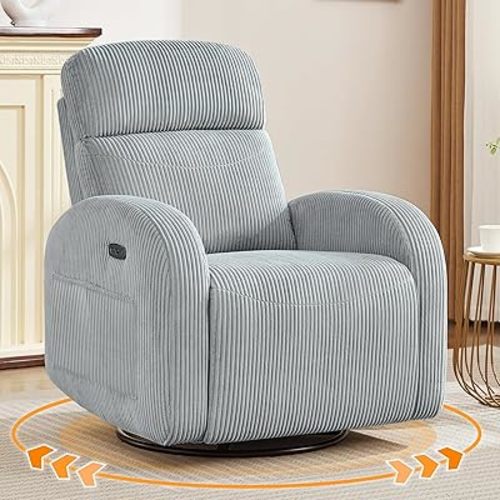 Power Nursery Glider Recliner, Swivel Glider Recliner with USB & Type-C Port, Swivel Reclining Nursery Rocker with Double Pockets for Living Room, Grey,Corduroy