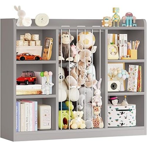 Toddler Stuffed Animal Zoo, Toy Storage Organizer for Playroom, Plush Toy Organizers and Storage, Book Shelf for Kids Rooms, Elastic Band Child Bookcase, Toy Shelf with 8 Storage Cubbies (Grey)