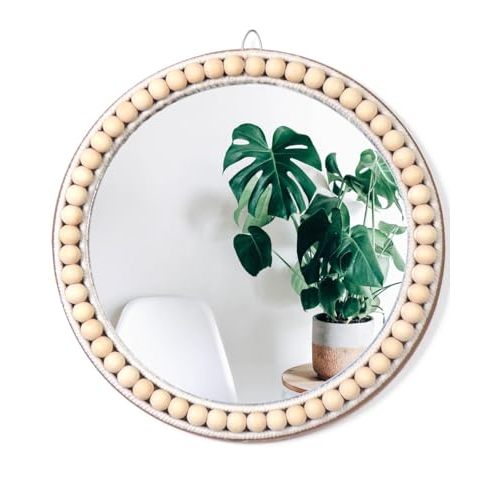 Poeme Boho Wall Mounted Circle Mirror, Wooden Round Wall Decor for Bathroom Living Room Bedroom, Decorative Hanging Farmhouse Nursery Furniture (14 Inch)