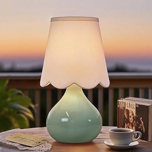 14'' H Cordless LED Table Lamp with Dimmer, Ceramic Bedside Table Lamp, Rechargeable & 3-Level Brightness, Ceramic Base, Detachable Bulb, Linen Shade, Desk lamp for Cozy Teens Room Decor