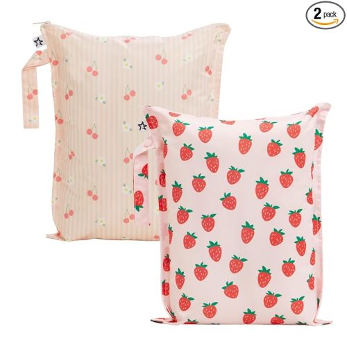 Tiny Twinkle Mess Proof Wet Bags | 2-Pack Reusable Waterproof Wet Bags for Swimsuits | Baby Clothes | Travel & Diaper Bag (Cherry Coquette,Strawberries)