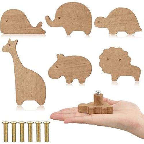 Qunclay 6 Sets Wooden Animal Dresser Knobs Decorative Nursery Wood Drawer Pulls with Screws Furniture Pulls Handles for Nursery Home Bedroom Kitchen Cabinets Hardware Cupboard (Zoo)