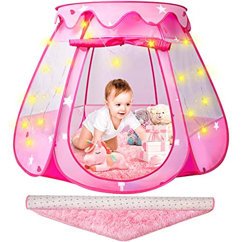 Princess Castle Girls Play Tent with Rug Pop Up Play Tent for Toddlers Kids DISHIO Playhouse Toys for 1 Year Old Birthday Gift Fairy Tent for Girls with Lights Indoor&Outdoor Kids Play Tent with Mat