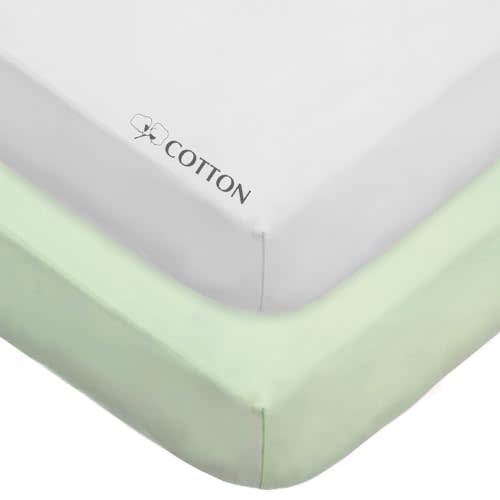 American Baby Company 2 Pack 100% Natural Cotton Fitted Crib Sheets 52" x 28" - Soft, Breathable, Hypoallergenic & Gentle Toddler Bed Sheets, Celery and White, Neutral for Boys & Girls