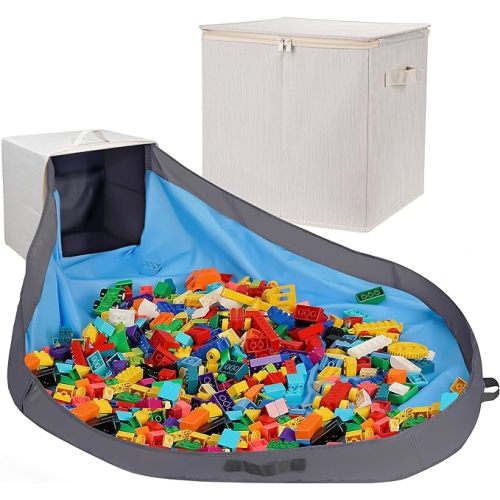 Toy Storage Organizer with Attached Play Mat for Kids – 13" x 13" x 13" Stackable and Foldable Cubby Box Nursery Organizers, Storage Bins with Lid for Playroom (Cream Bamboo)
