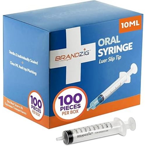 10ml Oral Syringes - 100 Pack – Luer Slip Tip, No Needle, Individually Blister Packed - Medicine Administration For Infants, Toddlers and Small Pets (No cover)