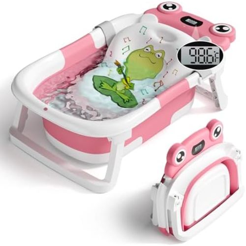 Baby Bathtub, Collapsible Newborn Bathtub for Infant to Toddler with Soft Cushion and Thermometer, Travel Newborn Tub with No-Slip Feet, Baby Shower Gifts, 0-12 Months Baby Bath, Rose Pink