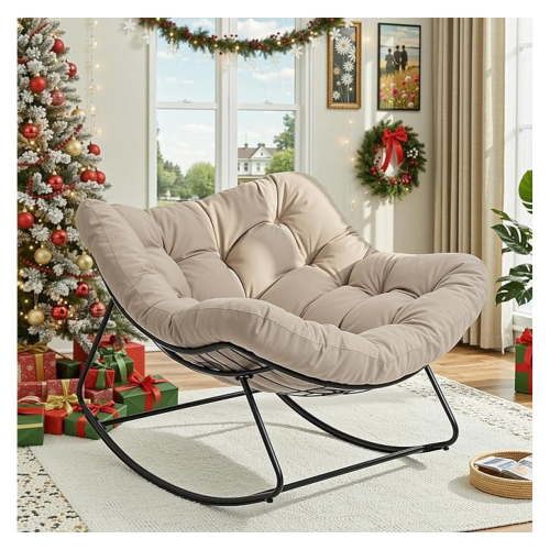 Papasan Rocking Chair Indoor, Oversized Rocking Chair with Thickened Cushion, 450 lbs Large Comfy Egg Chair Indoor,Cozy Lounge Reading Glider Chair for Bedroom Christmas, Beige