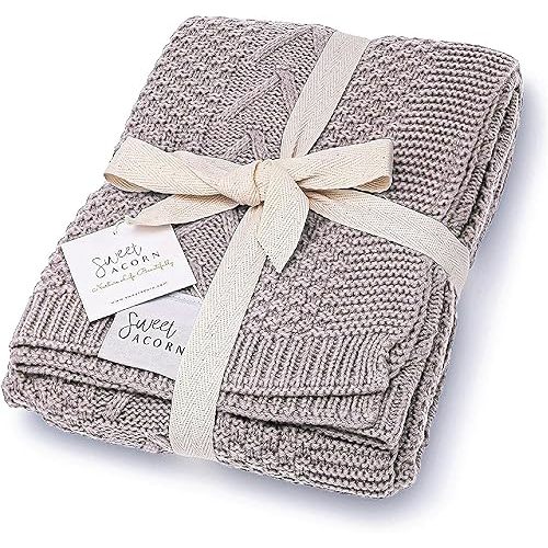 Sweet Acorn Knit Baby Blanket in Cable Pattern, Organic Cotton Blankets for Crib or Stroller, Receiving Blankets - Fog Grey
