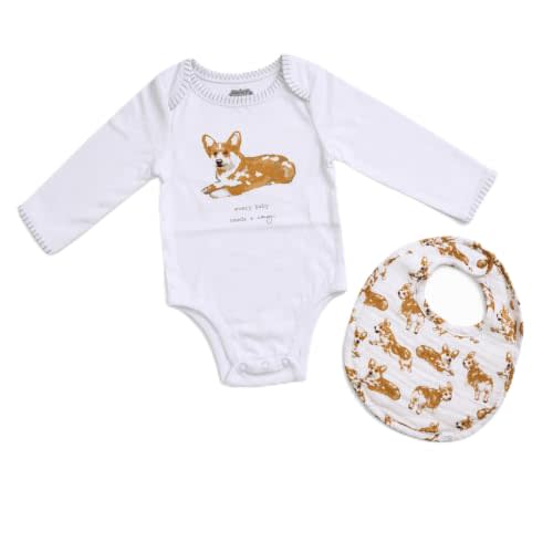Mud Pie Baby Dog Breed Bodysuit and Bib Set, Corgi, 0-6 Months