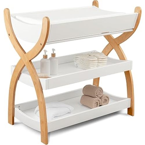 Comfy Cubs Baby Changing Table - Sturdy Wood Construction, Timeless Look Baby Change Table with Two Open Shelves for Infant Daycare Essentials Storage - White with Natural Wood Legs