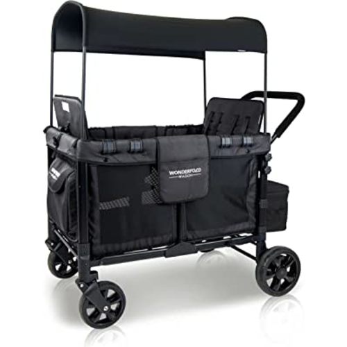 WONDERFOLD W4 Original Quad Stroller Wagon Featuring 4 High Face-to-Face Seats with 5-Point Harnesses, Easy Access Front Zipper Door, and Removable UV-Protection Canopy, Black