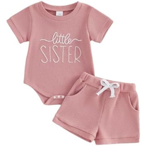 allshope Newborn Baby Girl Summer Outfit Romper Little Sister Lil Sis Embroidery Jumpsuit Tops Shorts Infant Waffle Clothes