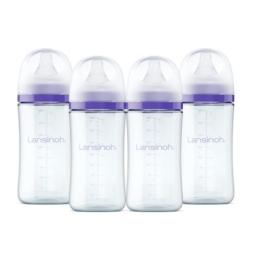 Lansinoh Anti-Colic Glass Baby Bottles, 8 Ounces, 4 Count Bottles for Feeding, Baby Essentials, Includes 4 Medium Flow Nipples, Size M