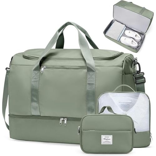 Extra Large Travel Duffle Bag,Carry on Overnight Weekend Bag with Shoes Compartment,Weekender Bags for Women for Travel Business Trips Sport Hospital,3 Pcs Set,Olive Green