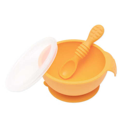 Silicone Bowl and Spoon Set For Baby (+lid!) in Tangerine | Bumkins