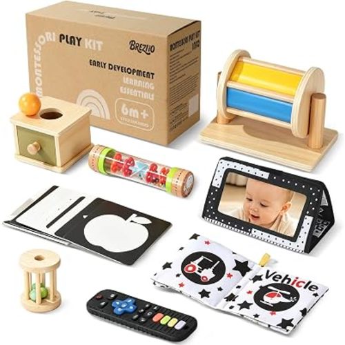 Montessori Toys for Babies 0-12 Months, 8-in-1 Sensory & Developmental Baby Toy Set with Tummy Time Mirror, High Contrast Cards, Rain Stick, Teether & Object Permanence Box, Baby Gift