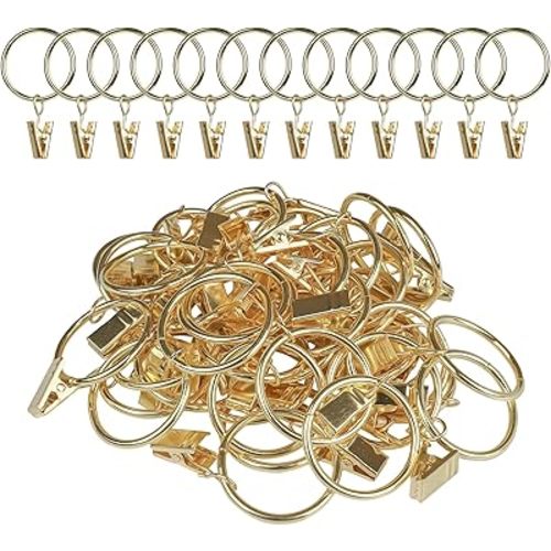 Curtain Rings with Clips, 42 Pack Metal Drapery Rings with Clips Hooks Hangers for Hanging Drapes Bows Hats, Drapes Rings 1.26 in Interior Diameter, Fits Up to 1 in Curtain Rod, Glossy Gold