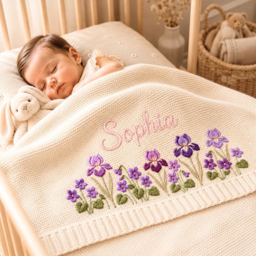 Personalized Baby Blanket with Name | February Birth Flower Violet & Iris | Custom Embroidered Knit Newborn Gift | Baby Girl Shower Gift